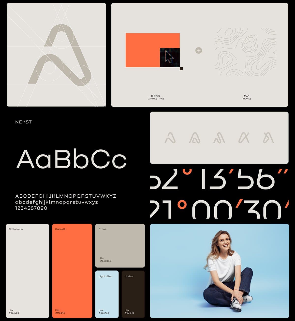 Brand identity system with sans-serif type specimen, warm neutral palette, and lifestyle photography
