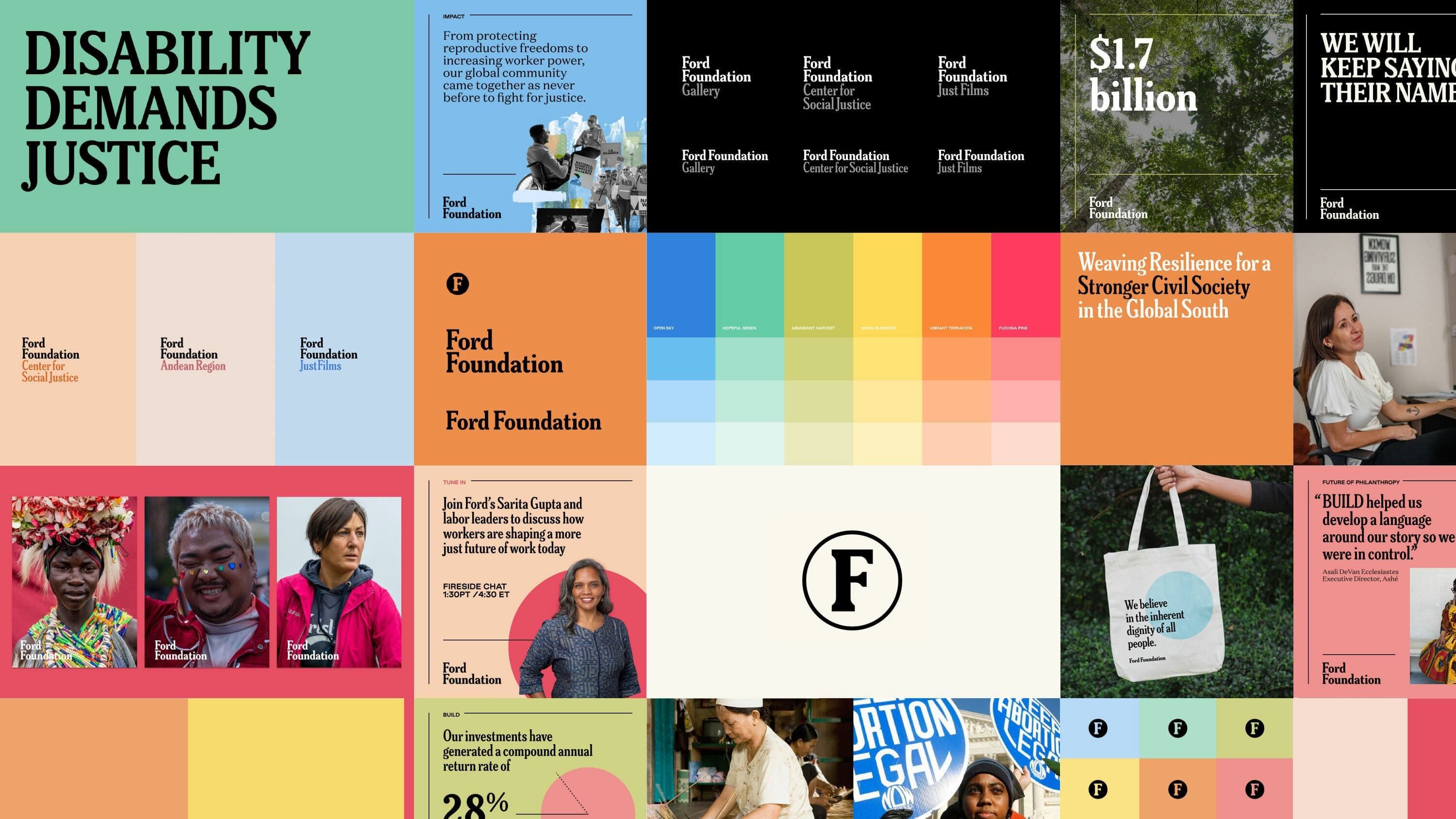 Ford Foundation brand system with bold serif headlines, colorful grid layout, and social impact imagery