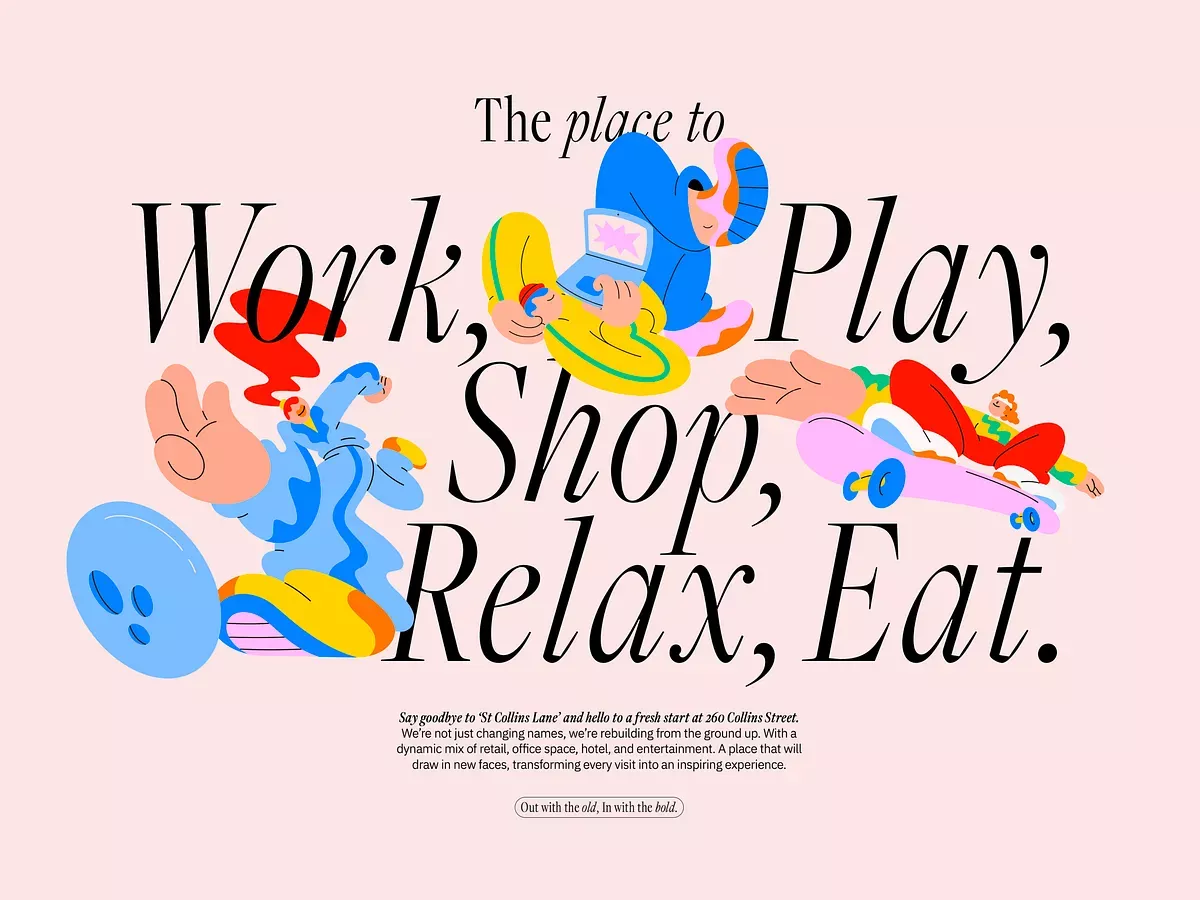 Playful editorial layout with large serif type, colorful character illustrations, and soft pink background
