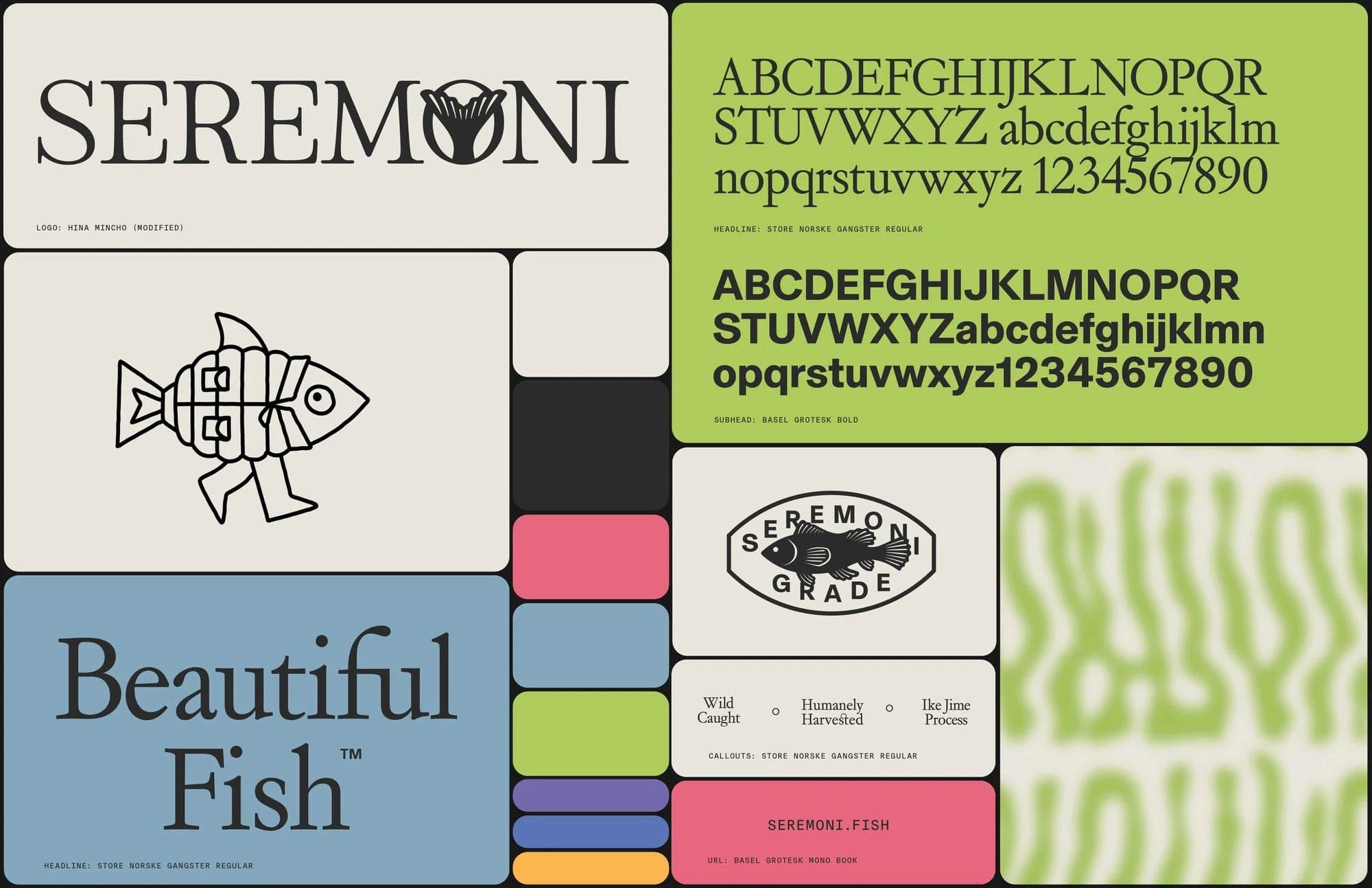 Seremoni Fish brand identity with custom serif logo, green color palette, and retro typography system