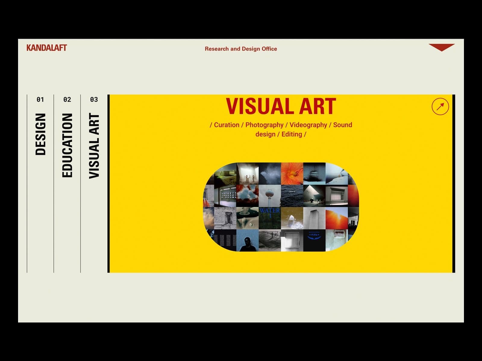 Kandalaft design office website with bold yellow panel, vertical navigation, and art portfolio grid