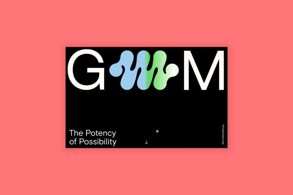 GirlMeetMoney brand hero with bold sans-serif logo, organic blob shapes, and coral pink background