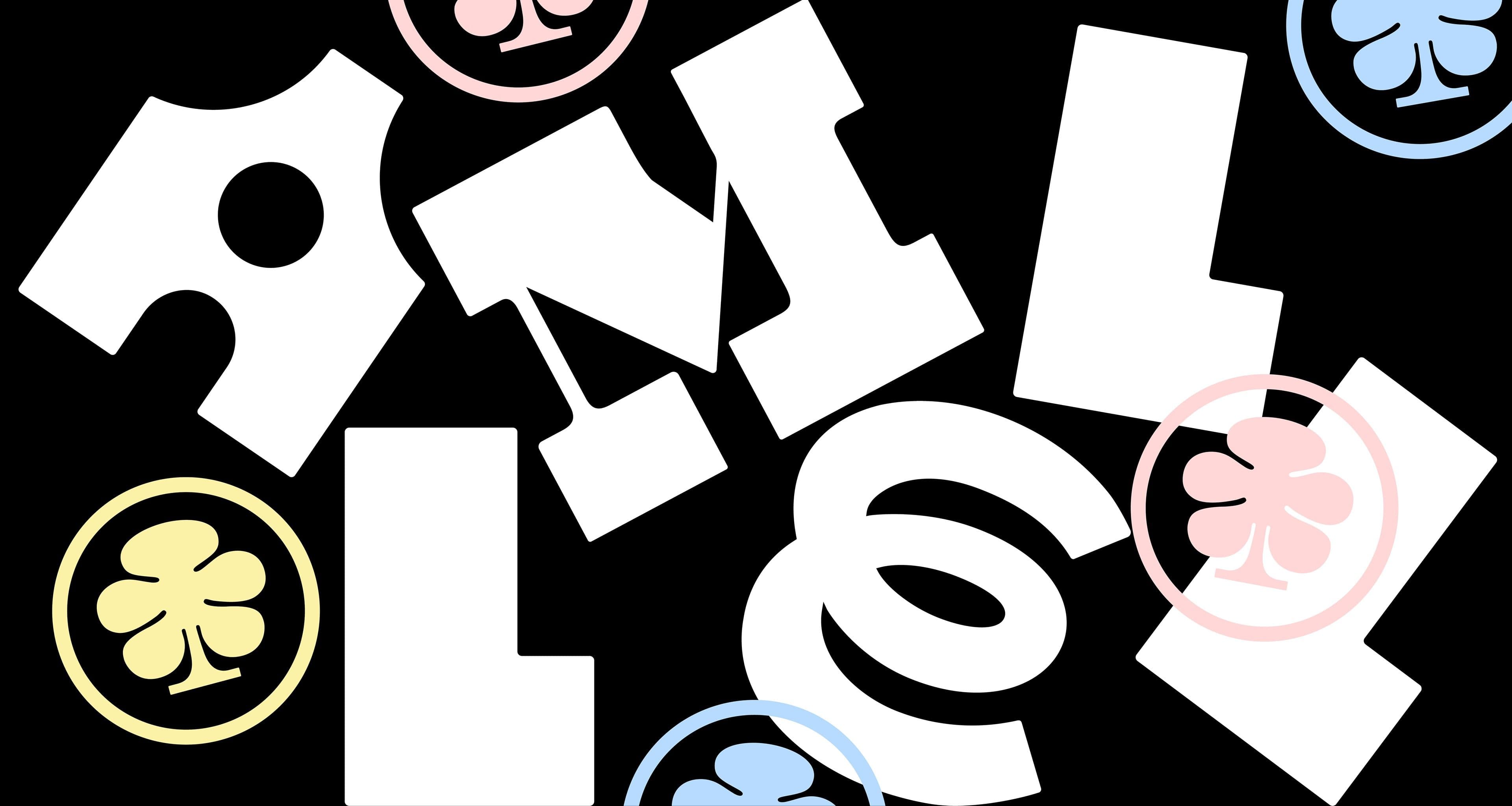 Scattered bold white letterforms and clover badges on a black background