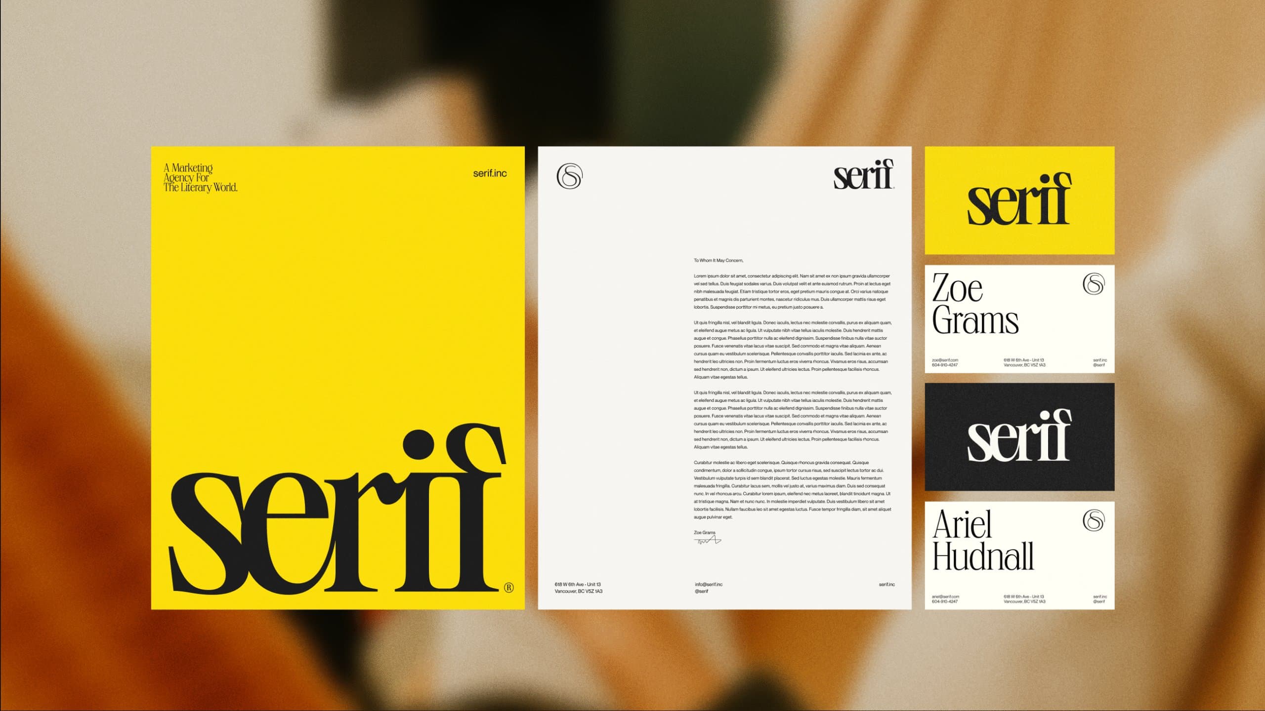 Serif marketing agency brand identity with bold yellow covers, elegant type, and stationery suite