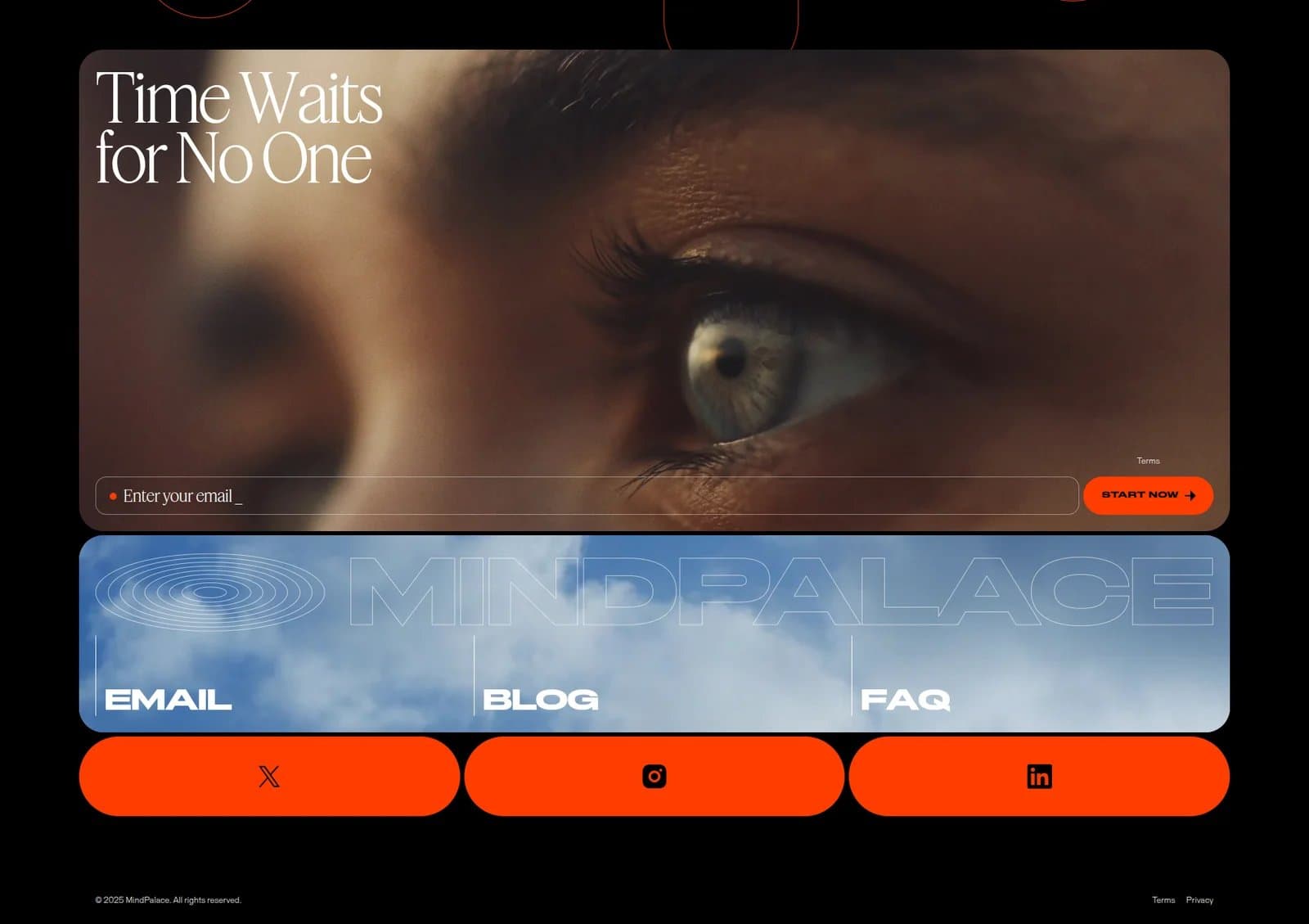 Mind Palace dark landing page with cinematic close-up eye photography, orange accents, and cloud imagery