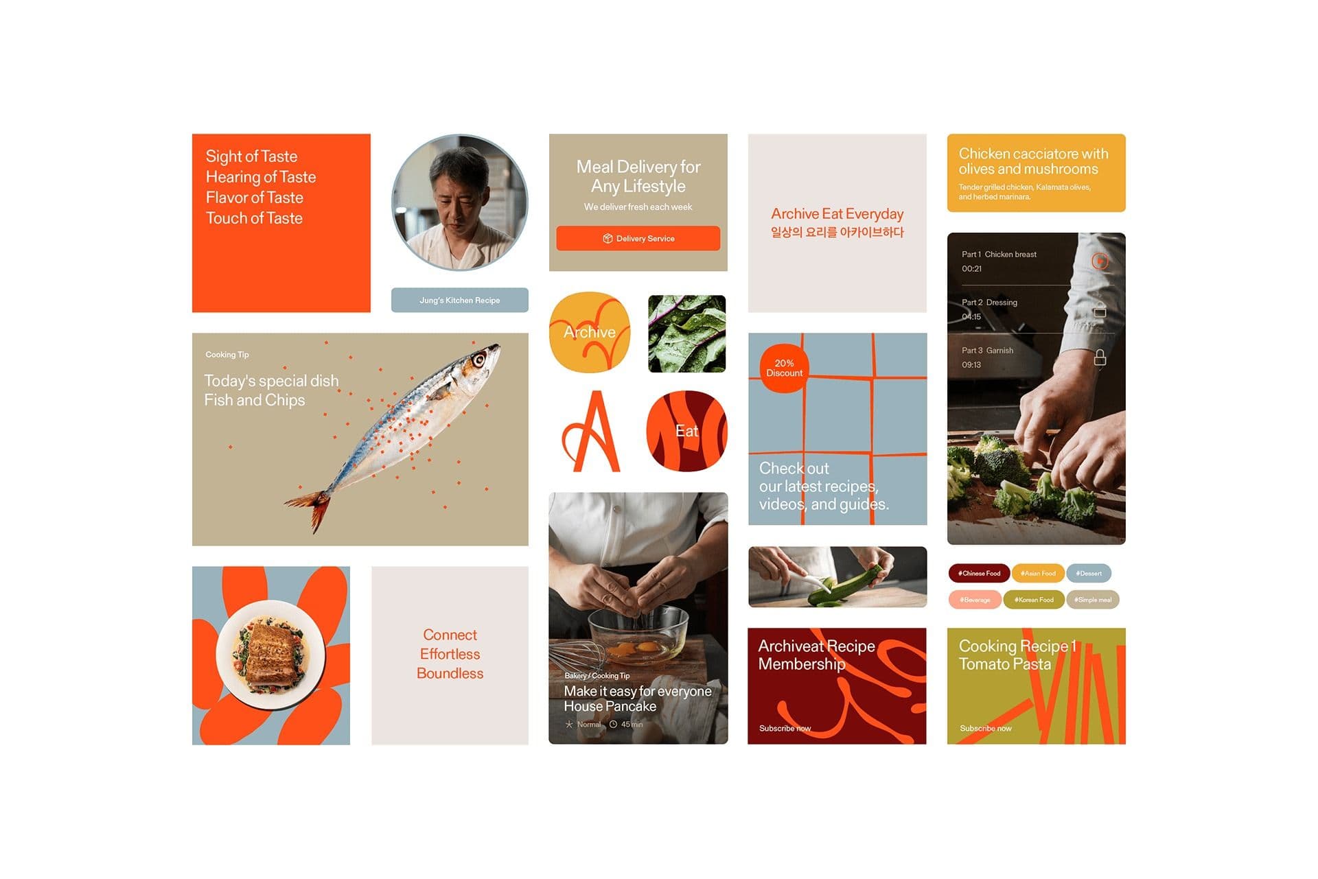 Archiveat food brand grid with warm photography, orange and sage accents, and cooking lifestyle imagery
