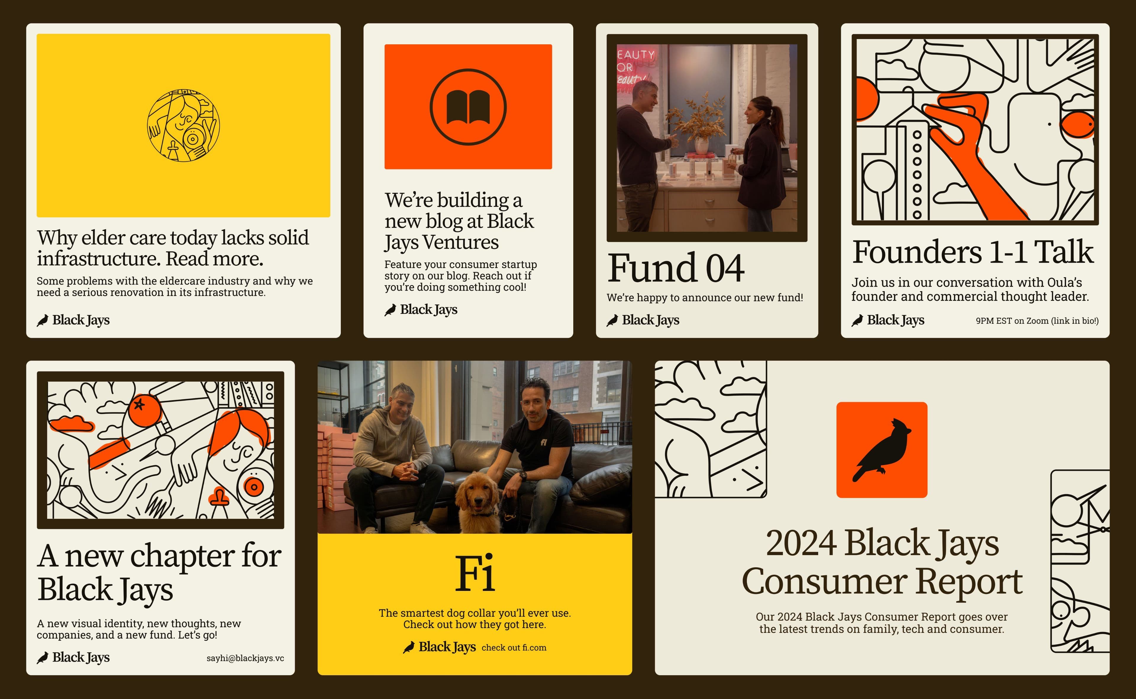 Black Jays Ventures social media grid with yellow, orange, and cream cards featuring bold serif type and illustrations