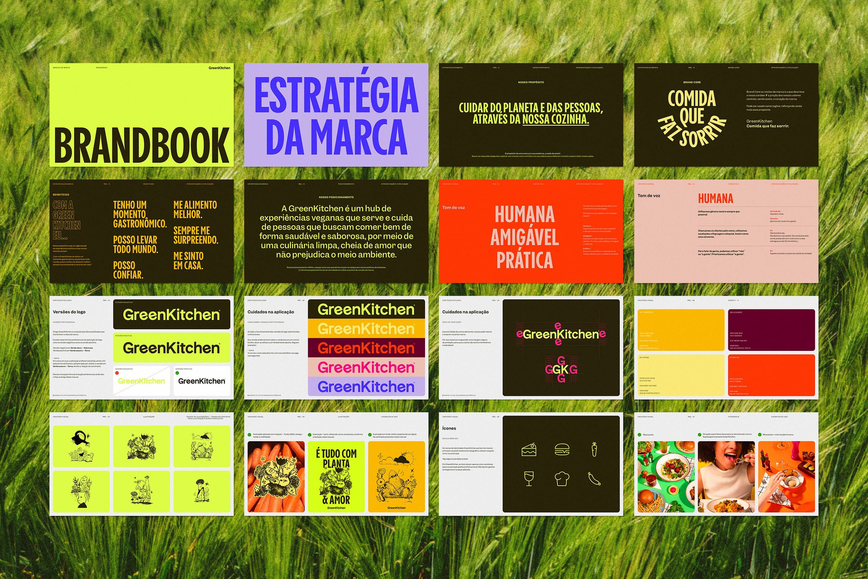 GreenKitchen vegan brand book with lime green, dark brown, and warm accent colors featuring bold display type